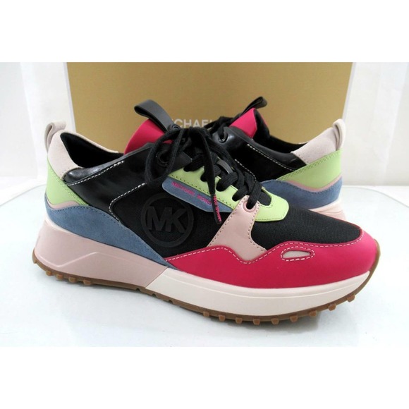 Michael Kors Theo Trainer Lace Up Sneakers Mk Logo Black Leather - Picture 3 of 11